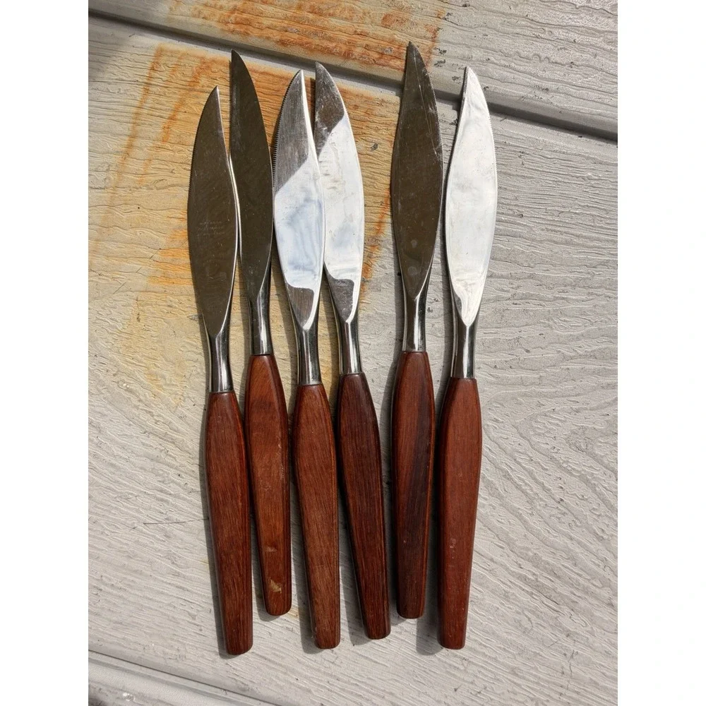Vintage Mid-Century Modern Teak Steak Knives Set of 6 | MCM Stainless Steel